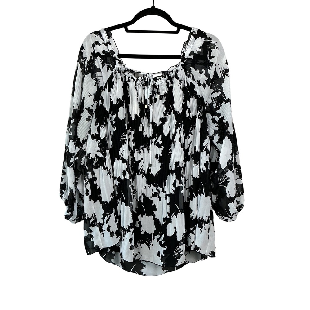 Lane Bryant Black White Floral Pleated Balloon Sleeve Tie Neck Blouse 22/24